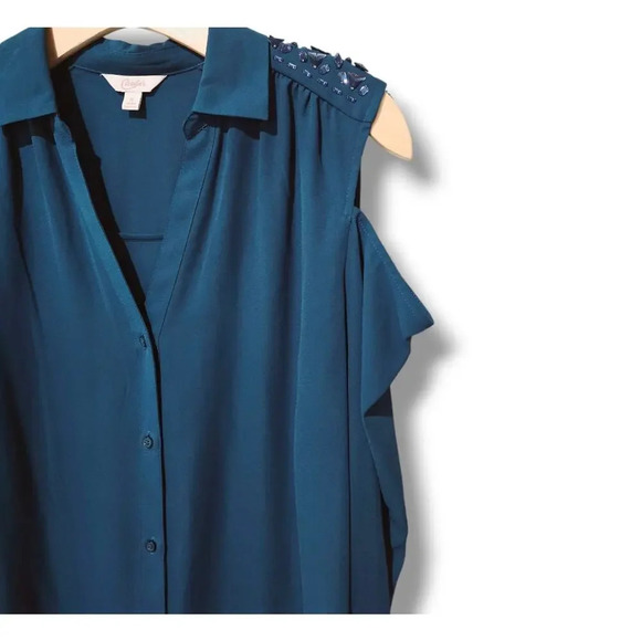 Candie’s Women’s Blue Cold Shoulder Button-Down Blouse Sz Medium - Picture 2 of 7